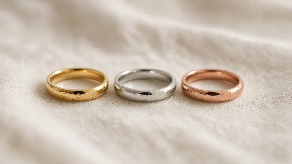 Drei schlichte Ringe in Gold-, Silber- und Roséton auf hellem Stoff